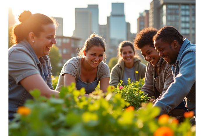 Volunteers working in a community garden in Kansas City