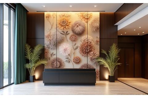 Modern corporate reception area featuring a large, artistic dried and preserved floral wall installation, evoking calm and professionalism