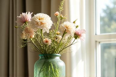 Preserved flowers arranged in a vase, placed away from a sunny window and high humidity, in a shaded, cool room