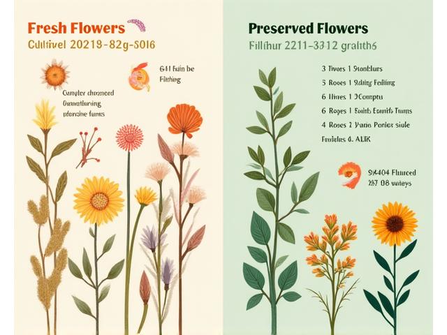 Infographic comparing the environmental impact of fresh versus preserved flowers, showing lower footprint for preserved options, with green leafy background