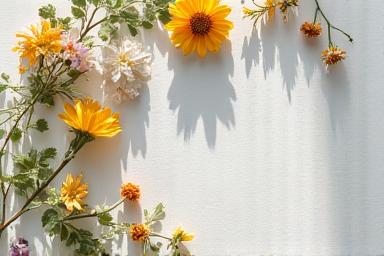 Assortment of carefully pressed flowers, leaves, and ferns artfully arranged on a blank card, ready for framing