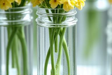 Flower stems submerged in a clear liquid, which is glycerin solution, in a glass jar, maintaining flexibility
