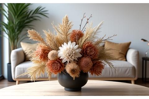 Stylish modern living room with a large, artfully arranged preserved floral centerpiece on a coffee table, adding natural texture