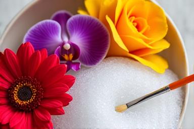 Open container filled with silica gel, carefully arranging colorful flower heads into the gel for optimal color retention