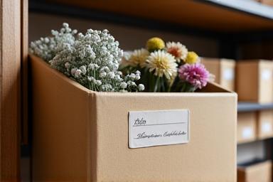 Labelled box containing carefully wrapped seasonal preserved floral arrangements, stored in a cool, dark, dry place