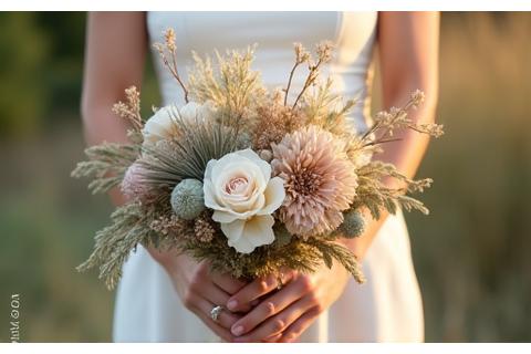 Stunning wedding bouquet composed entirely of dried and preserved flowers, featuring muted tones and varied textures, held by a bride