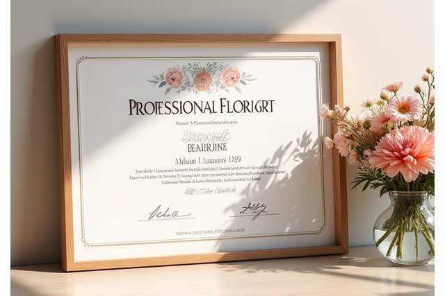 A framed professional floristry certificate with elegant typography and a subtle floral watermark, placed on a wooden desk with a small bouquet.