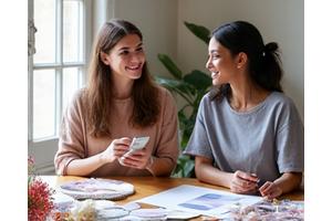 A professional florist smiling and taking notes while consulting with a happy couple, surrounded by floral samples and mood boards.