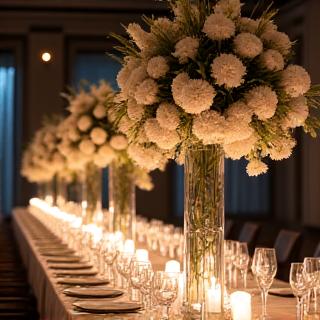 An elegantly decorated event table with sophisticated floral arrangements in tall vases, crystal glassware, and subdued lighting, suggesting a corporate gala.