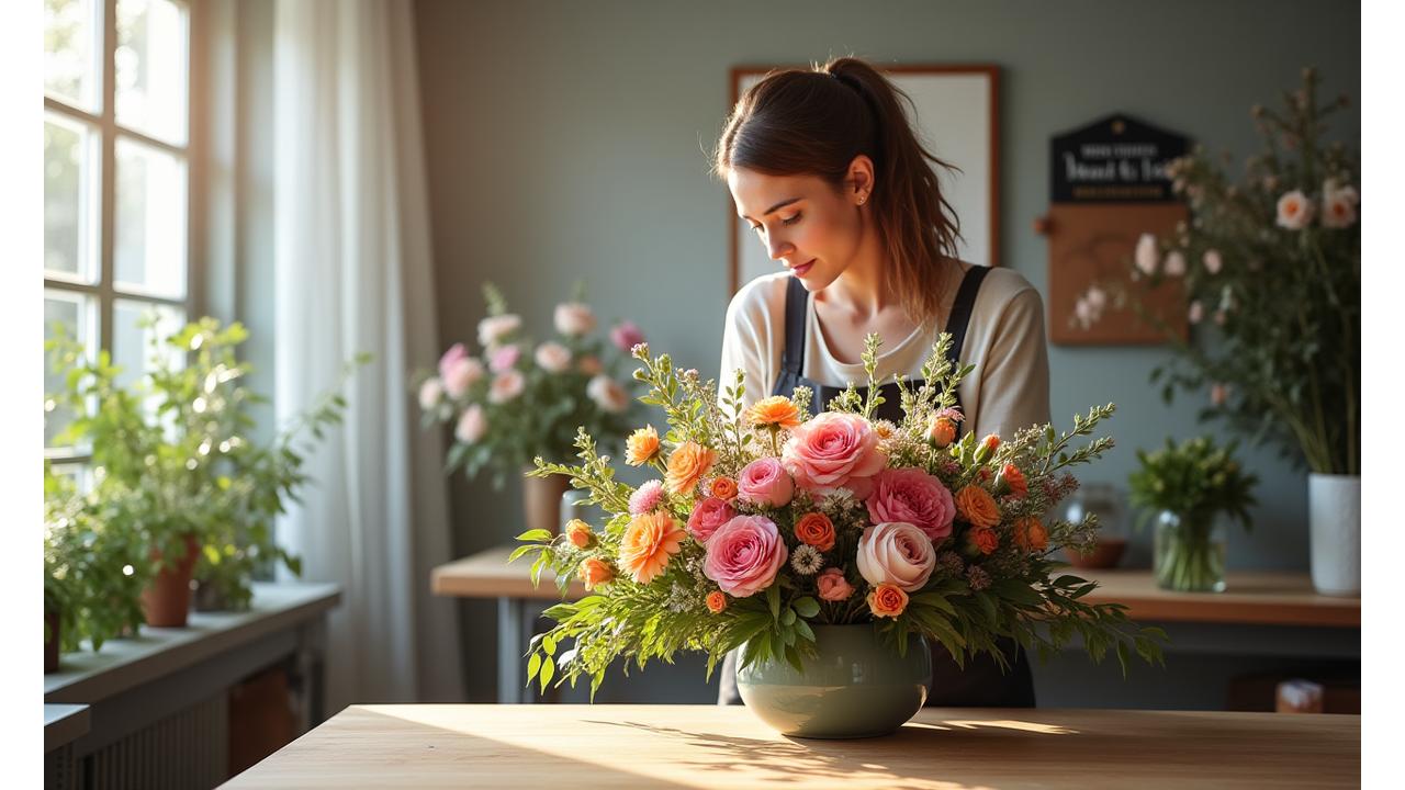 A florist meticulously arranging a large, vibrant floral centerpiece in a professional studio, surrounded by fresh flowers and tools. The scene evokes creativity and career transformation.