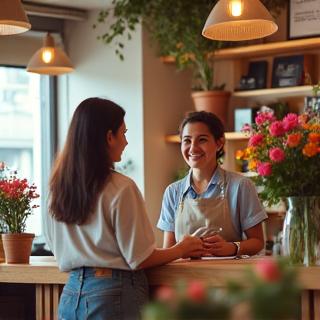 A friendly florist assisting a customer at a bright and inviting flower shop counter, surrounded by colorful potted plants and fresh cut flowers.