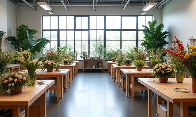 A wide shot of a modern, well-lit floral design studio with multiple workstations, high ceilings, large windows, and a variety of flowers and tools ready for use.