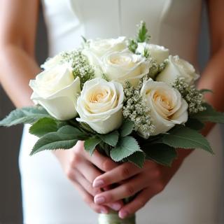 Close-up of a beautifully arranged bridal bouquet featuring white roses, eucalyptus, and delicate filler flowers, held by a hand.