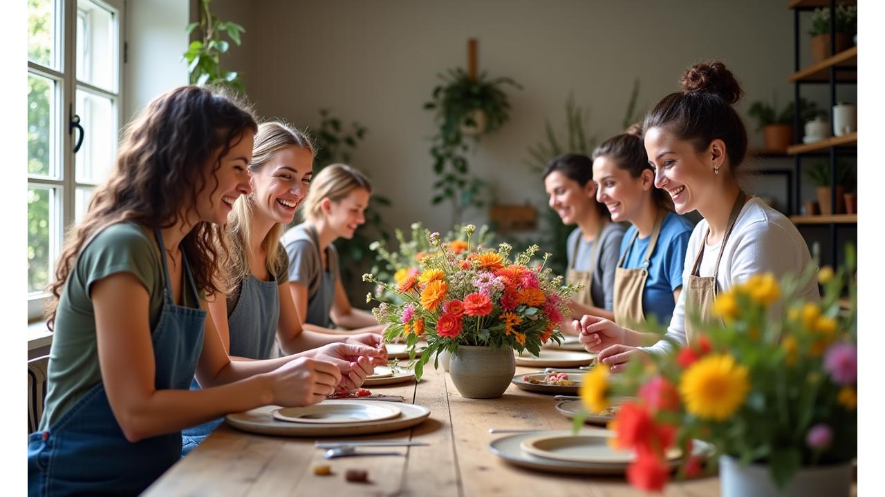 A lively group of students laughing and creating floral arrangements in a bright studio, guided by an instructor.
