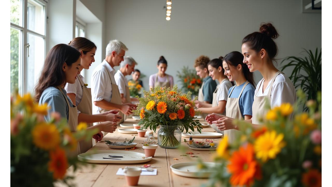 An instructor demonstrating flower arrangement techniques to a small class, with vibrant flowers and eager students.