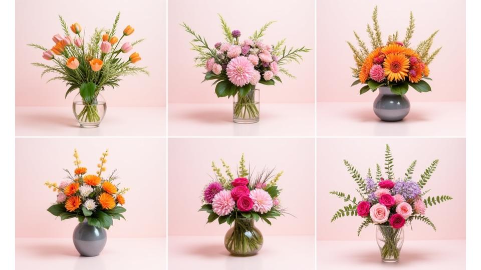 A gallery of diverse and beautiful floral arrangements created by students, showcasing different styles and techniques learned in the workshops.