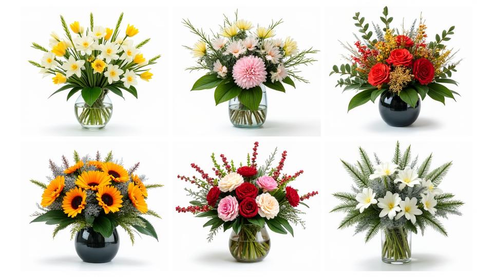 A collage of four floral arrangements, each representing a different season: vibrant spring bouquet, lush summer centerpiece, rustic autumn design, and elegant winter arrangement.