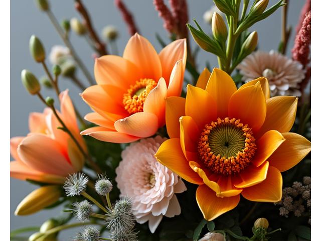 A close-up of a contemporary floral arrangement showcasing diverse textures from different flowers, foliage, and branches.