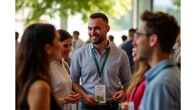 A diverse group of gardening enthusiasts networking and sharing ideas at a professional event