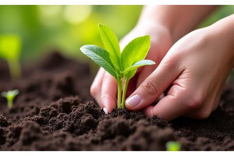 Hands planting a small seedling in rich soil, symbolizing beginner gardening