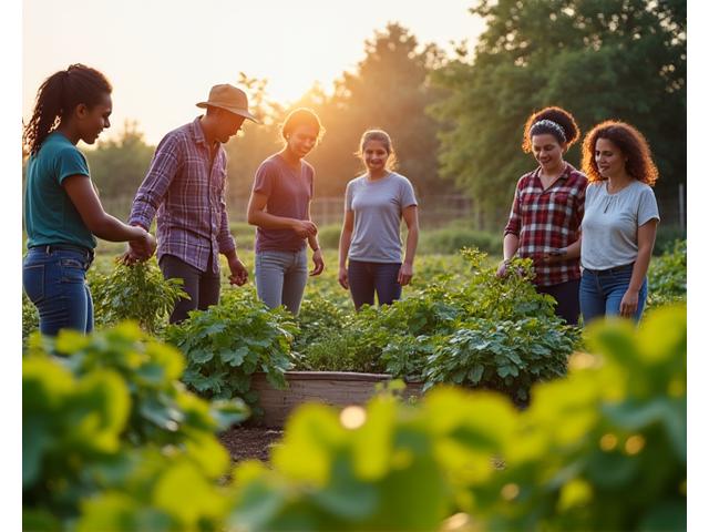 Diverse group of people collaborating in a vibrant community garden, harvesting vegetables