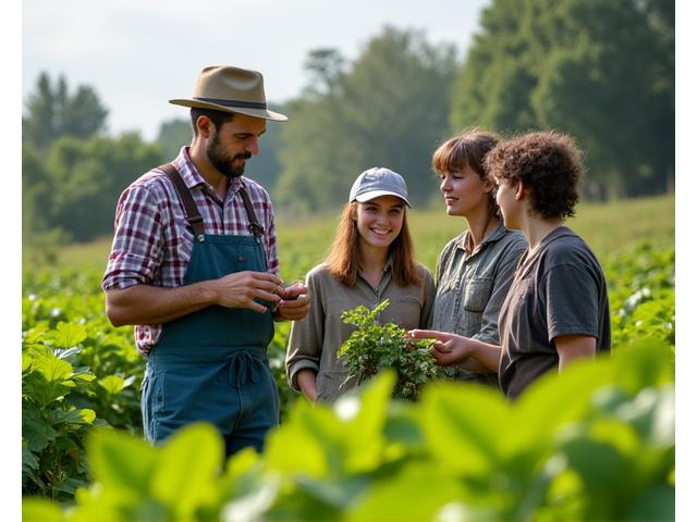 An instructor demonstrating organic farming techniques to students in a lush eco-friendly farm setting