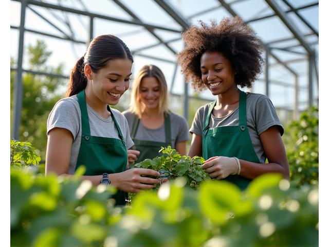 Students working in a sunlit greenhouse, tending to various potted plants
