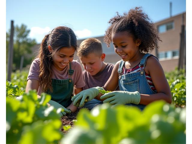 A group of students actively gardening in an outdoor raised garden bed under natural sunlight