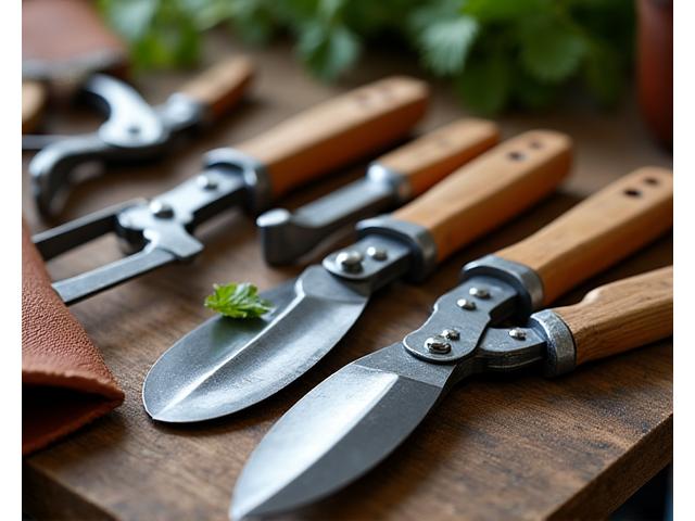 Close-up of gardening tools neatly arranged on a workbench during a workshop