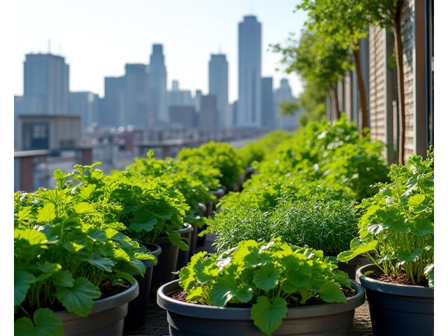 A thriving urban rooftop garden with various container plants and city skyline in background