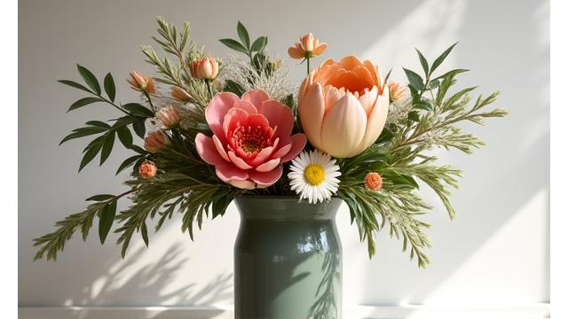 A modern, artistic floral arrangement featuring unique blooms and textures.