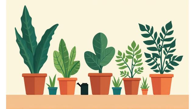Illustration of various healthy potted plants with watering can.