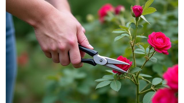 Still from a video showing hands expertly pruning a garden rose.