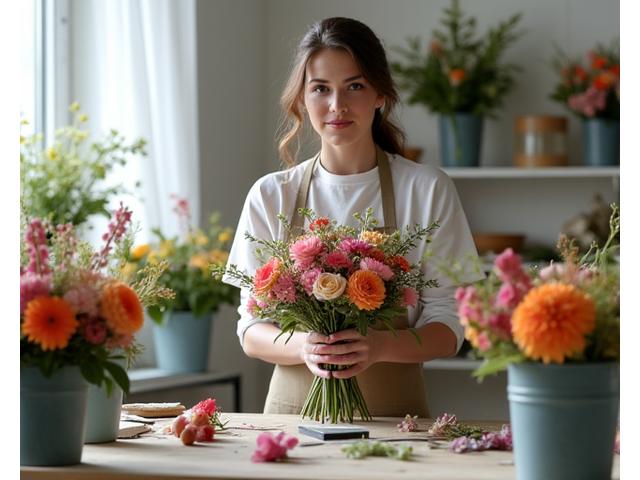 A person meticulously arranging flowers in a modern floristry studio, surrounded by fresh blooms.