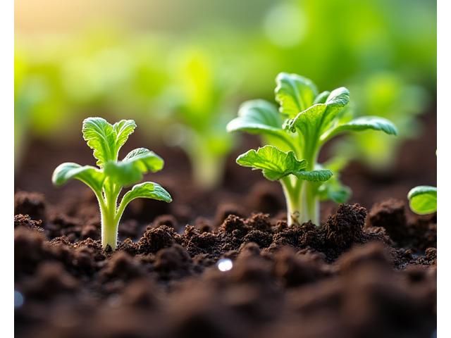A close-up of healthy soil with earthworms and thriving organic vegetable seedlings.