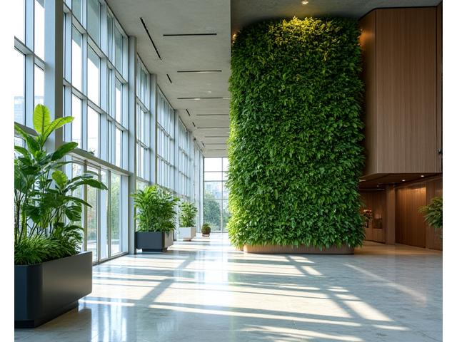 Modern corporate lobby featuring a large, lush statement greenery installation.