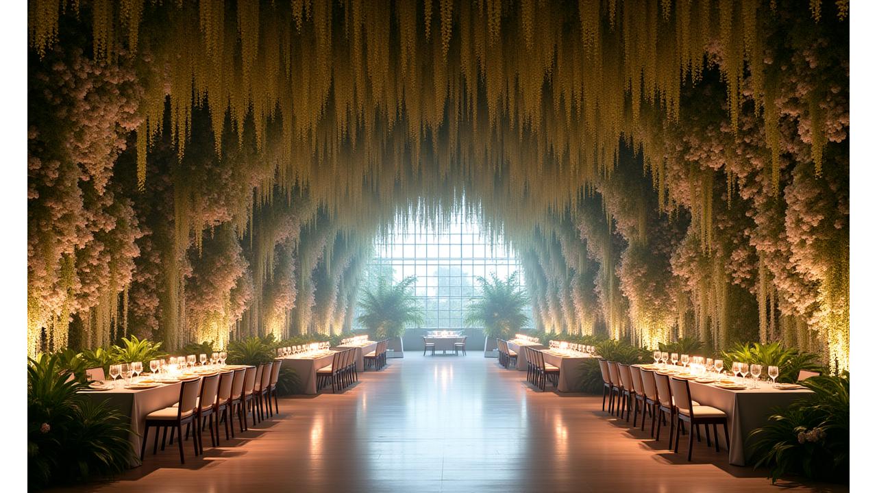 Stunning large-scale biophilic floral installation transforming a luxury event space, featuring cascading greenery and exotic flowers.