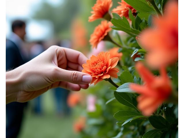 Guests interacting with an innovative floral display, touching fragrant blooms.