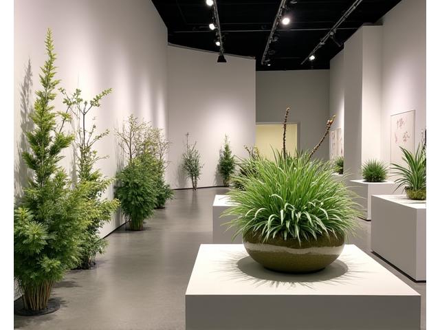 Art museum exhibit featuring a detailed botanical display as part of the art.