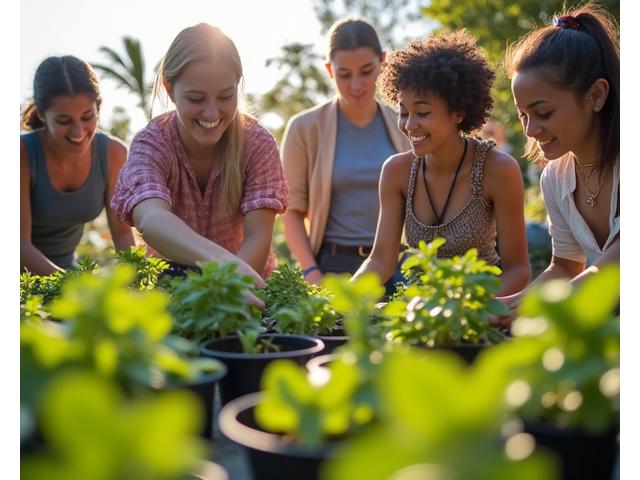 People at a community event collecting potted plants that were used in an installation.
