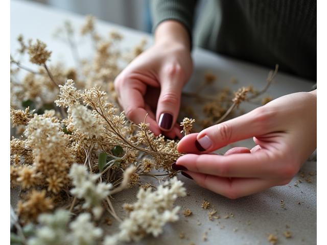 Creative floral designer arranging preserved and dried flowers into a lasting art piece.