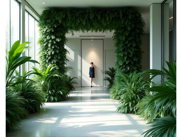 Bold, architectural statement greenery installation in a modern art gallery.