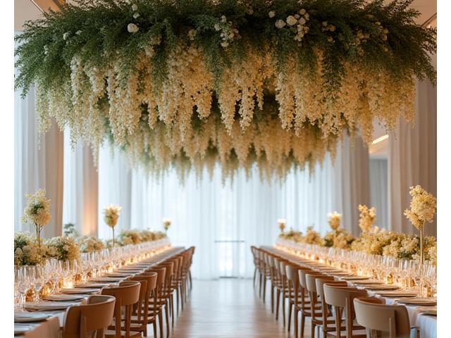 Dramatic suspended floral and greenery installation over a wedding reception.