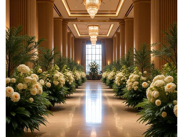 Elegant interior of a Kansas City event hall decorated with sophisticated floral arrangements.