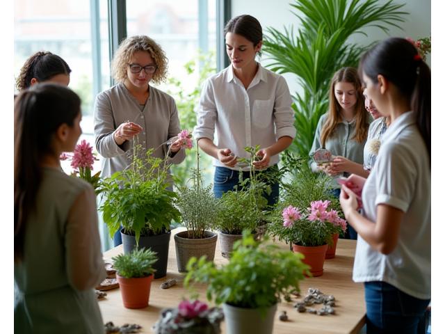 Students learning about plant selection and care in a workshop setting with various botanicals.