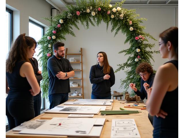 Instructor demonstrating structural support for a large floral arch to attentive students.