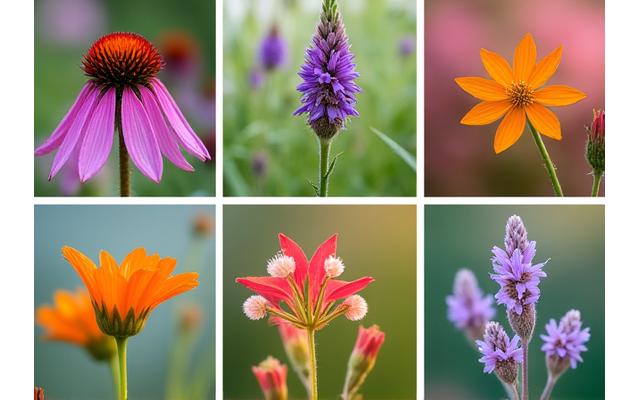 A vibrant collage showcasing various Missouri native wildflowers like purple coneflower, prairie blazing star, and wild bergamot, in different stages of bloom.