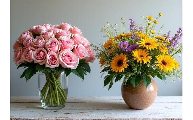 A comparison of a traditional compact floral arrangement next to a loose, free-flowing meadow modernism design featuring native Missouri wildflowers.