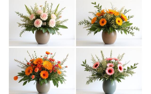 Four distinct meadow modern floral arrangements, each representing a season: Spring with pastels, Summer with bright colors, Autumn with warm tones and seed pods, Winter with dried elements and structural branches.