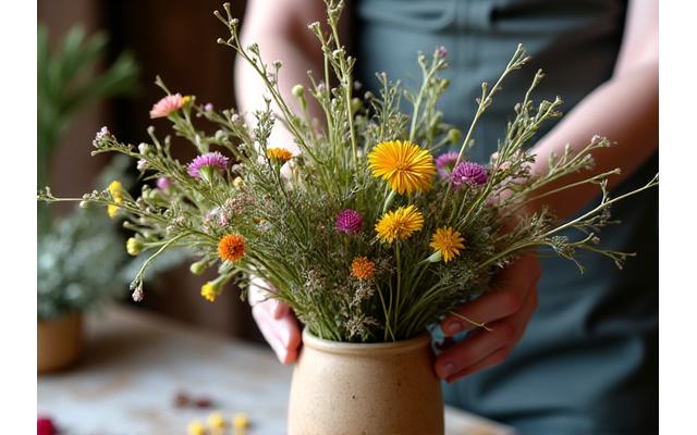 Instructor demonstrating asymmetrical balance and layered textures using wild grasses, branches, and native flowers in a meadow modern arrangement.
